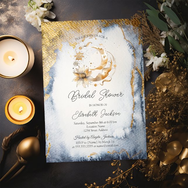 Celestial Flower Moon Gold Bridal Shower Invitation (Creator Uploaded)