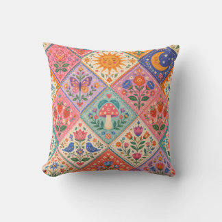 Celestial Folklore Patchwork Mushroom Sun Moon Thr Throw Pillow