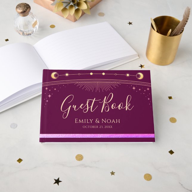 Celestial Fuchsia Gold Sun Moon Stars Wedding  Guest Book (Front Open)