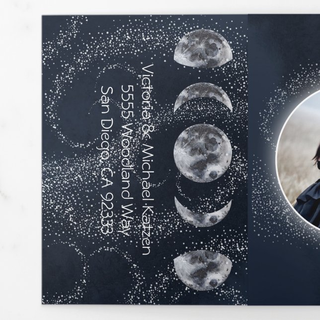 Celestial Full Moon and Stars Wedding Tri-Fold Invitation (Flap)