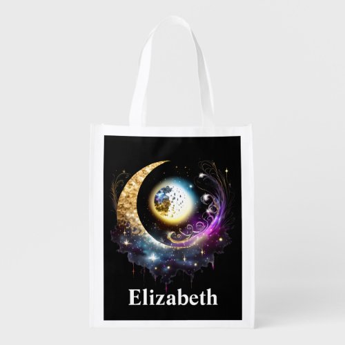 Celestial full moon starry night DIY name chic Grocery Bag