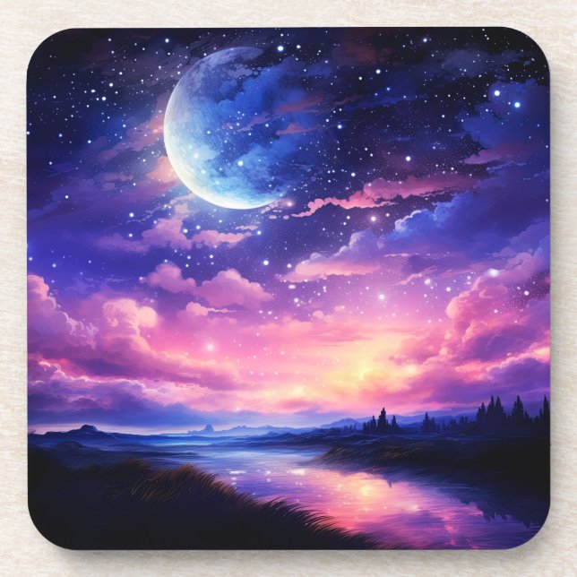 Celestial Full Moon Stars Clouds Mystical Purple Beverage Coaster (Front)