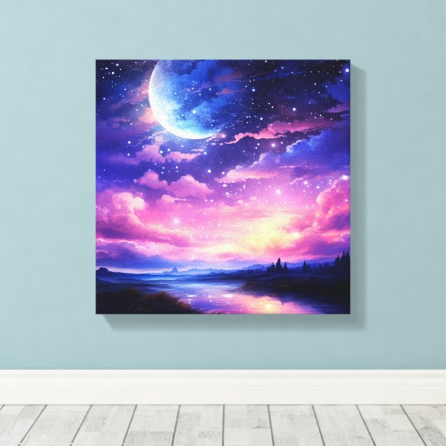 Celestial Full Moon Stars Clouds Mystical Purple Canvas Print (Insitu(Wood Floor))