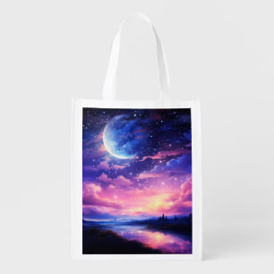Celestial Full Moon Stars Clouds Mystical Purple Grocery Bag