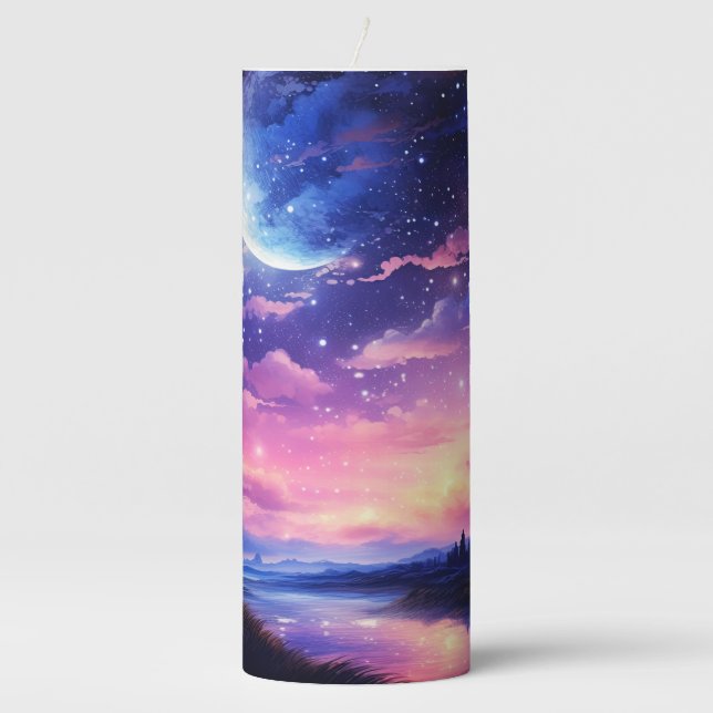Celestial Full Moon Stars Clouds Mystical Purple Pillar Candle (Front)