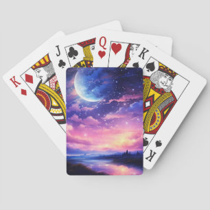 Celestial Full Moon Stars Clouds Mystical Purple Poker Cards