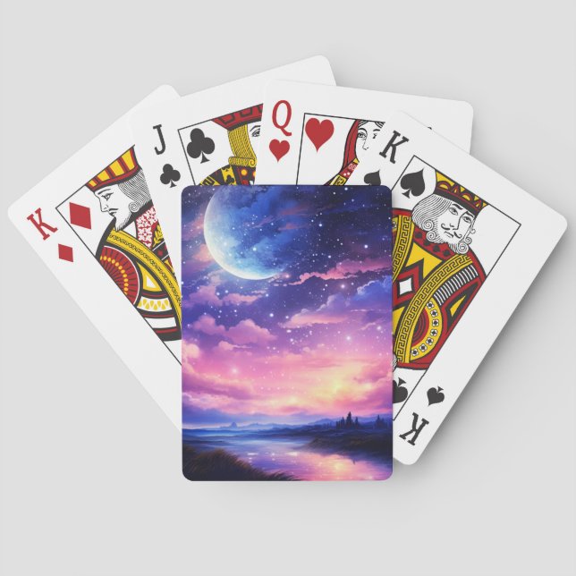 Celestial Full Moon Stars Clouds Mystical Purple Poker Cards (Back)