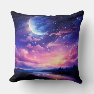 Celestial Full Moon Stars Clouds Mystical Purple Throw Pillow