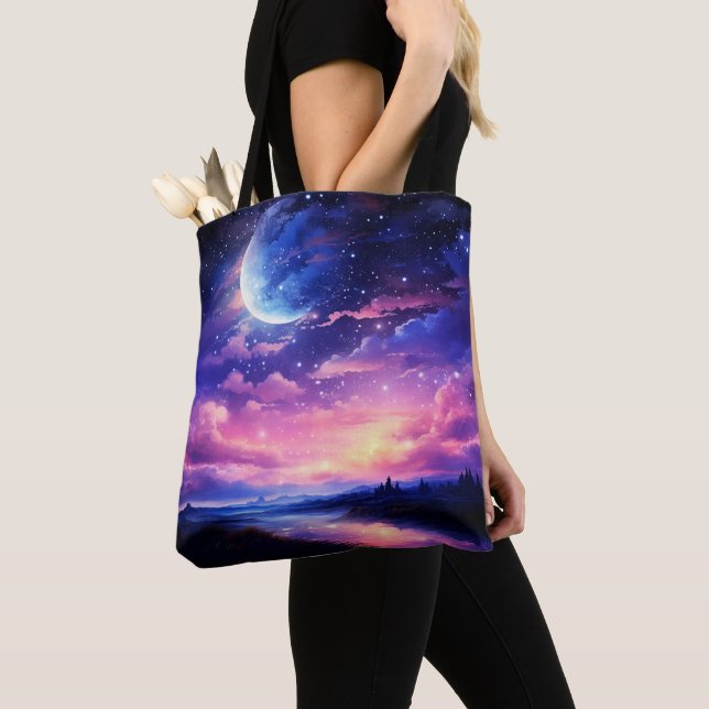 Celestial Full Moon Stars Clouds Mystical Purple Tote Bag (Close Up)