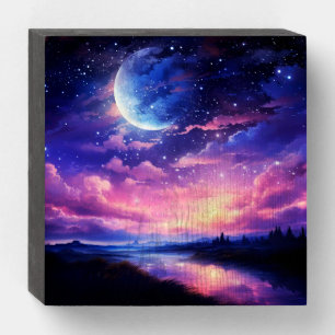 Celestial Full Moon Stars Clouds Mystical Purple Wooden Box Sign