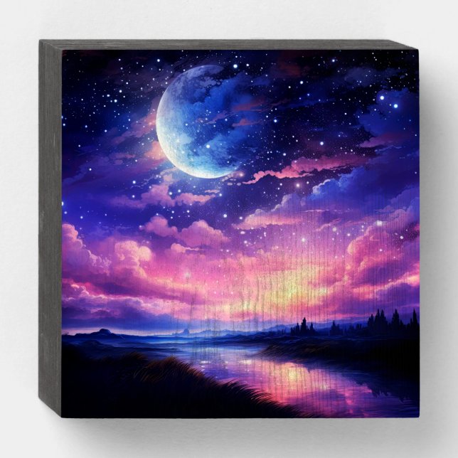 Celestial Full Moon Stars Clouds Mystical Purple Wooden Box Sign (Front Horizontal)