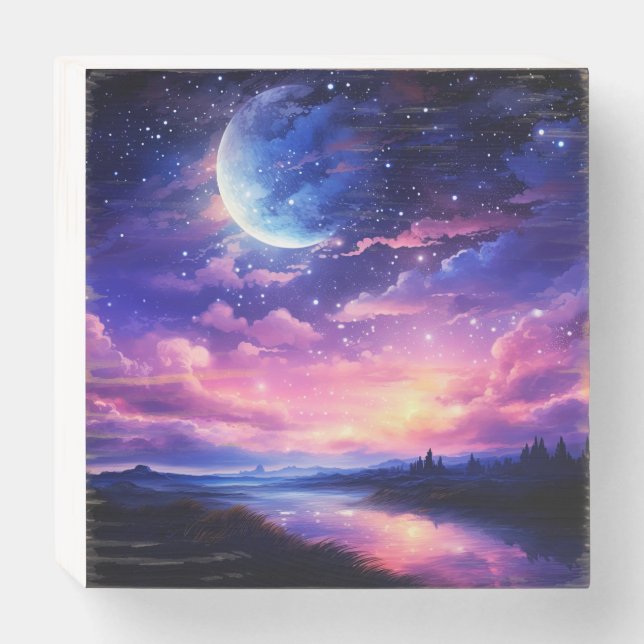 Celestial Full Moon Stars Clouds Mystical Purple Wooden Box Sign (Front Horizontal)