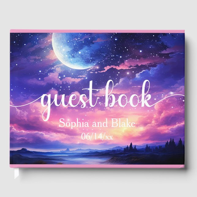 Celestial Full Moon Stars Clouds Mystical Wedding Guest Book (Front)