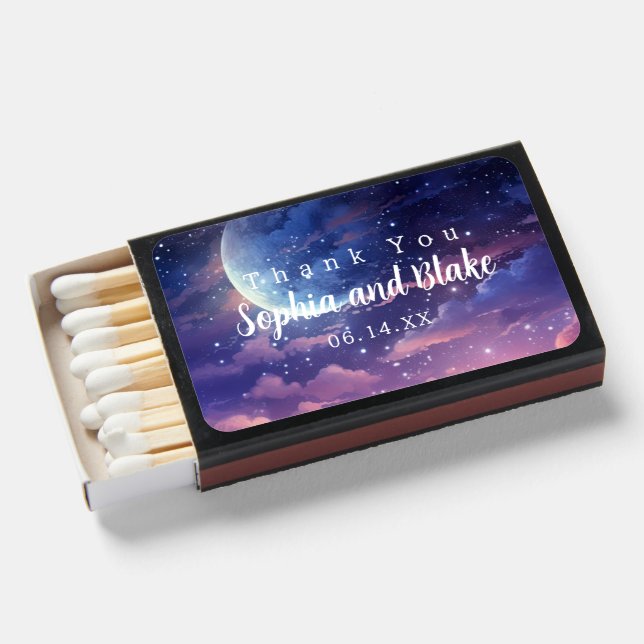 Celestial Full Moon Stars Clouds Mystical Wedding Matchboxes (Front Open)