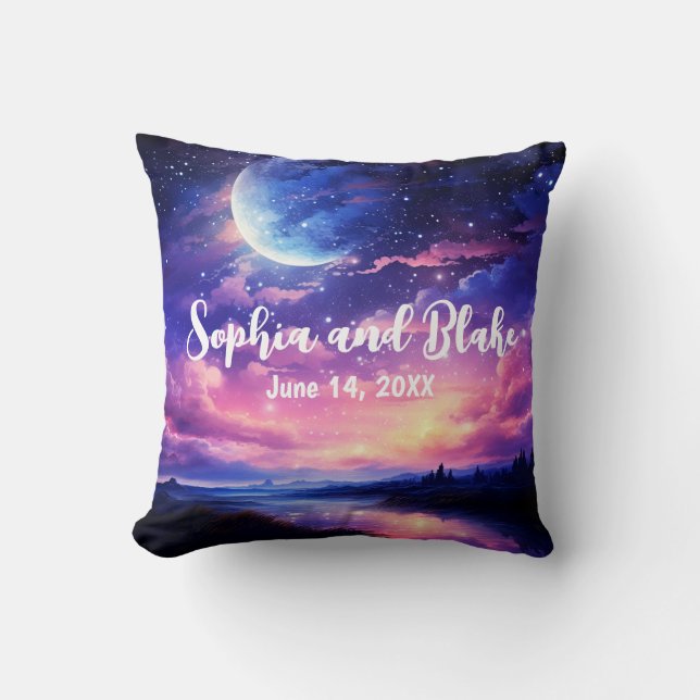 Celestial Full Moon Stars Clouds Mystical Wedding Throw Pillow (Front)