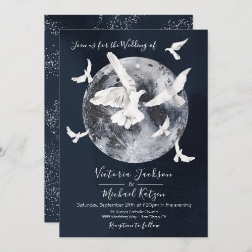 Celestial Full Moon with doves Wedding invitations