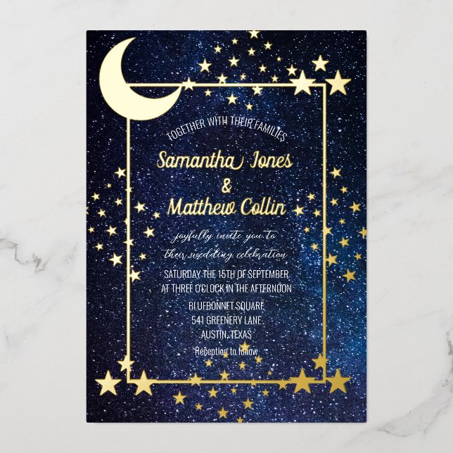 Celestial Galaxy Cosmos Moon Sky Gold Foil Wedding Foil Invitation (Front)
