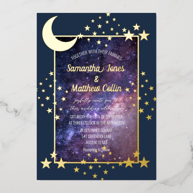 Celestial Galaxy Cosmos Moon Sky Gold Foil Wedding Invitation (Front)