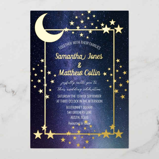 Celestial Galaxy Cosmos Moon Sky Gold Foil Wedding Invitation (Front)