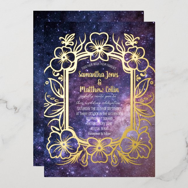 Celestial Galaxy Cosmos Night Gold Foil Wedding Foil Invitation (Front/Back)
