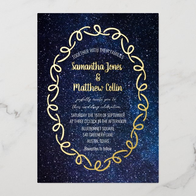 Celestial Galaxy Cosmos Sky Gold Foil Wedding Invitation (Front)
