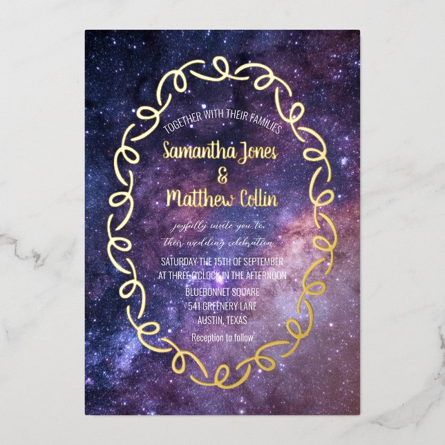 Celestial Galaxy Cosmos Sky Gold Foil Wedding Invitation (Front)