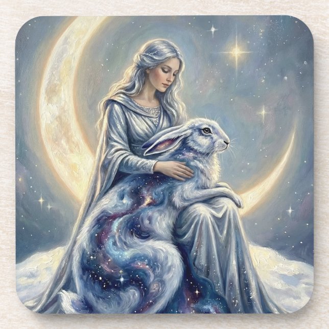 Celestial Galaxy Hare Moon Goddess Fantasy Art Beverage Coaster (Front)