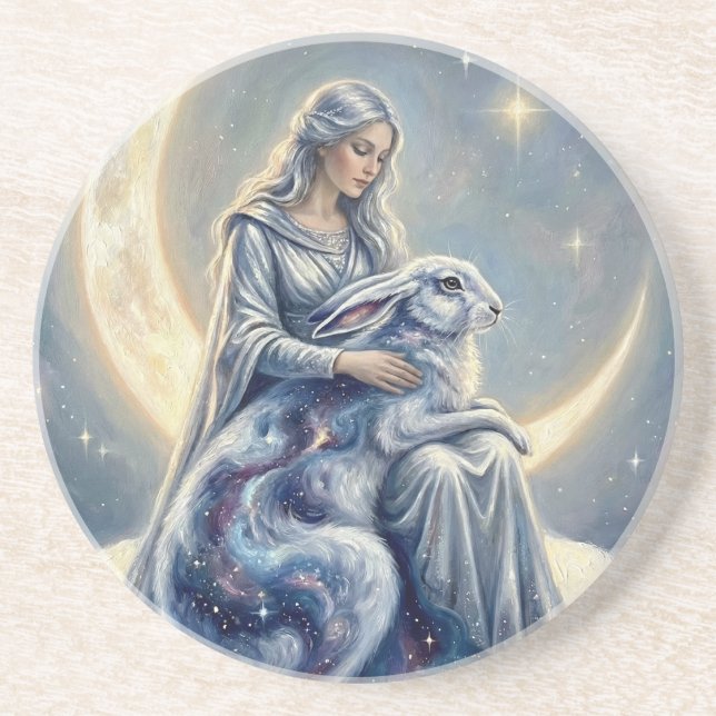 Celestial Galaxy Hare Moon Goddess Fantasy Art Coaster (Front)