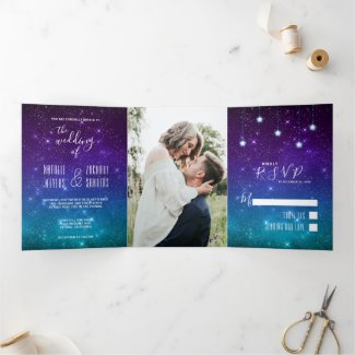Celestial Galaxy Night Sky Stars Photo Wedding Tri-Fold Invitation
