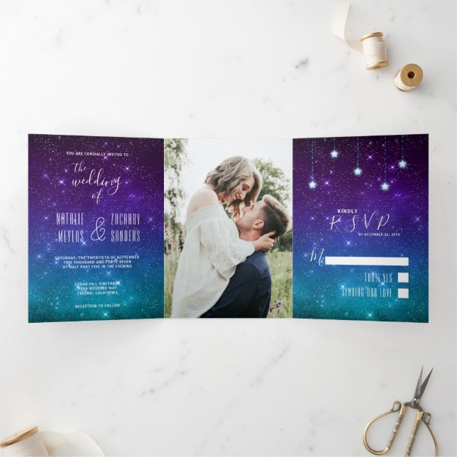 Celestial Galaxy Night Sky Stars Photo Wedding Tri-Fold Invitation (Inside)