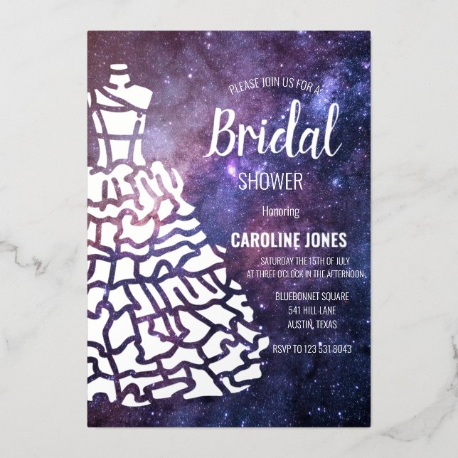 Celestial Galaxy Silver Foil Dress Bridal Shower Foil Invitation (Front)