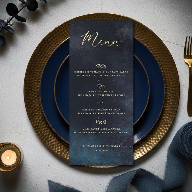 Celestial Galaxy Starry Night Moody Blue Wedding Menu (celestial galaxy wedding menu watercolor moody navy blue starry night written in the stars)