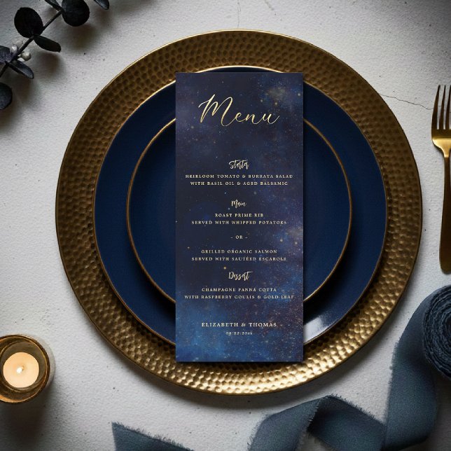Celestial Galaxy Starry Night Navy Blue Wedding Menu (celestial galaxy wedding menu watercolor navy blue starry night written in the stars)