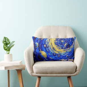 Celestial Galaxy Vortex Painting Blue Gold Cosmic Lumbar Pillow