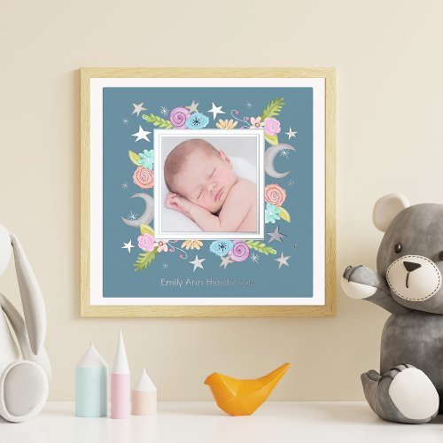 Celestial Garden Moon Star Teal Newborn Photo  Foil Prints