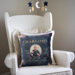 Celestial Gift Birth Stats Keepsake Photo Nursery Throw Pillow