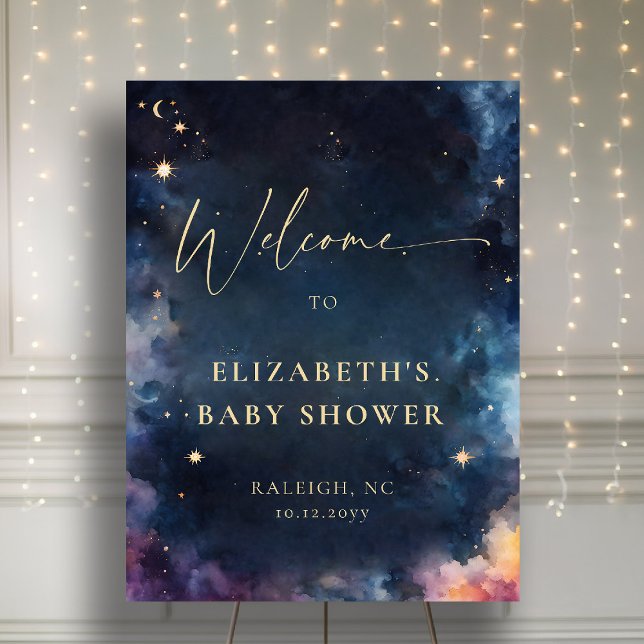 Celestial Gift Dark Navy Blue Baby Shower Welcome Foam Board (celestial baby shower welcome board moon planets cosmos galaxy dark navy blue gold twinkle star)