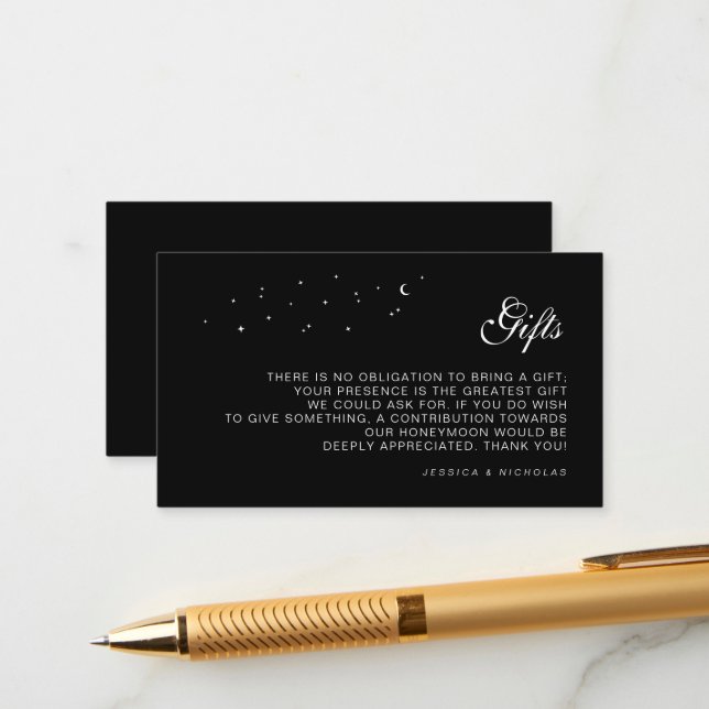 Celestial Gift & Honeymoon Fund Black Wedding Enclosure Card (Front/Back In Situ)