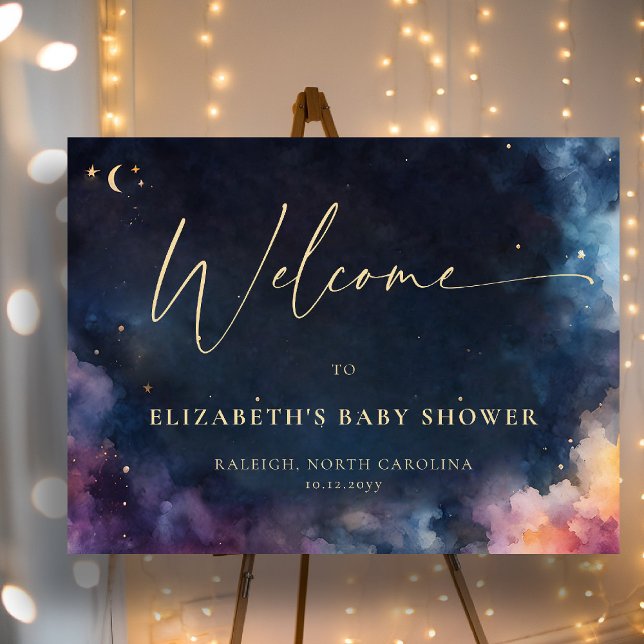 Celestial Gift Midnight Blue Baby Shower Welcome Foam Board (celestial baby shower welcome board moon planets cosmos galaxy dark navy blue gold watercolor)