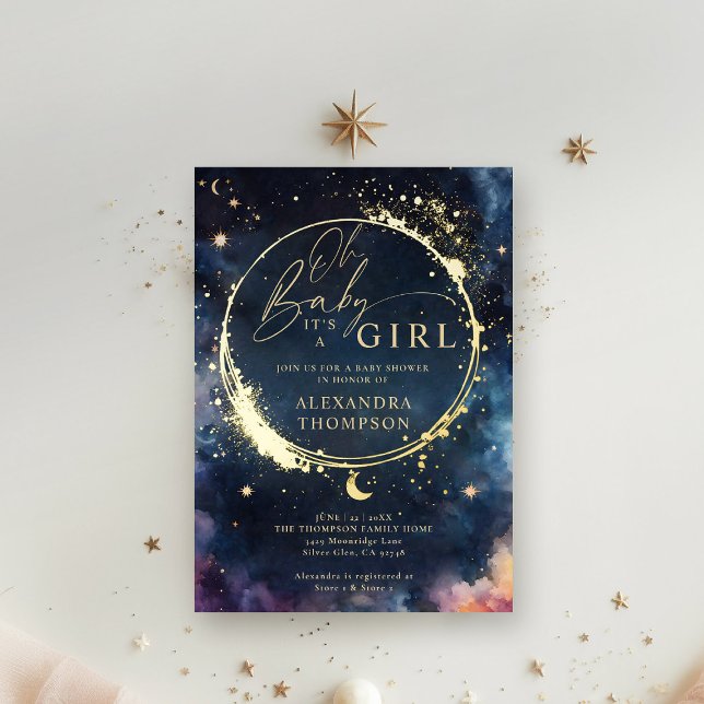 Celestial Gift Midnight Blue Elegant Baby Shower Foil Invitation (celestial baby shower invitation twinkle star moon cosmos galaxy dark navy blue gold foil invite)