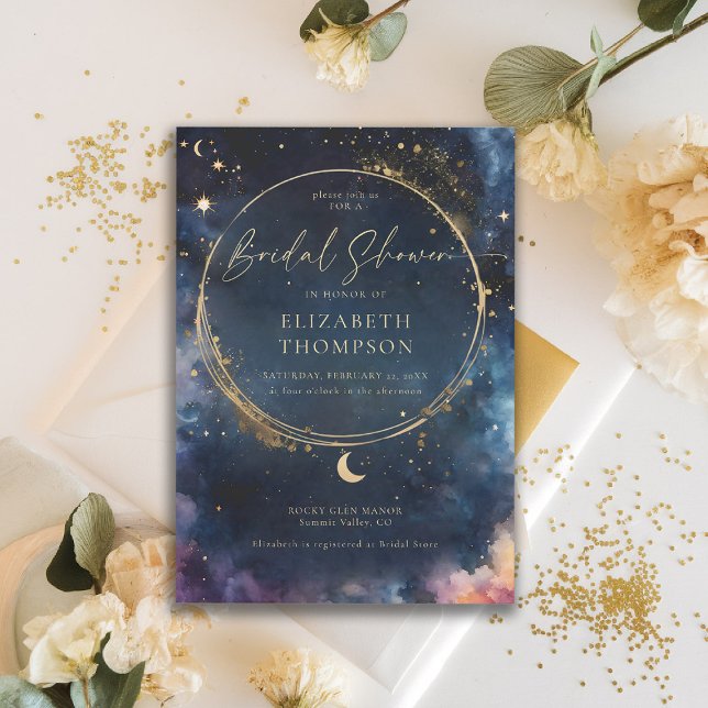 Celestial Gift Midnight Blue Elegant Bridal Shower Invitation (celestial bridal shower invitation midnight navy blue starry night galaxy astrology universe)