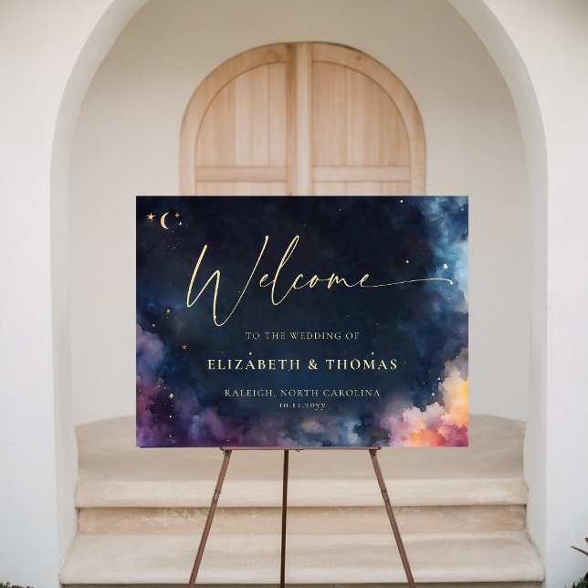 Celestial Gift Midnight Blue Stars Wedding Welcome Foam Board (celestial wedding welcome cosmic watercolor starry night sky galaxy universe navy blue gold)