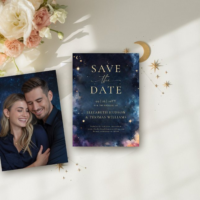 Celestial Gift Midnight Blue Wedding Save the Date (celestial wedding save the date photo template watercolor starry night midnight night sky galaxy)
