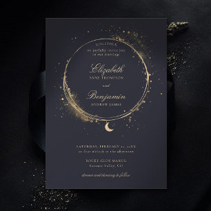 Celestial Gift Moody Navy Elegant Gold Wedding Invitation