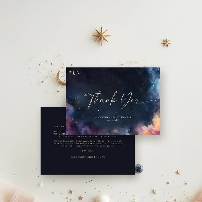 Celestial Gift Stars Cosmic Galaxy Midnight Blue Thank You Card (celestial baby shower thank you twinkle star moon cosmos galaxy dark navy blue gold foil invite)