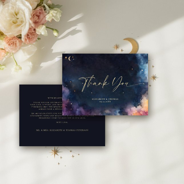 Celestial Gift Stars Cosmic Galaxy Midnight Blue Thank You Card (celestial thank you card watercolor starry night sky galaxy universe cosmic navy blue gold moody)