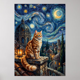Celestial Ginger Cat Van Gogh Inspired Night Sky Poster