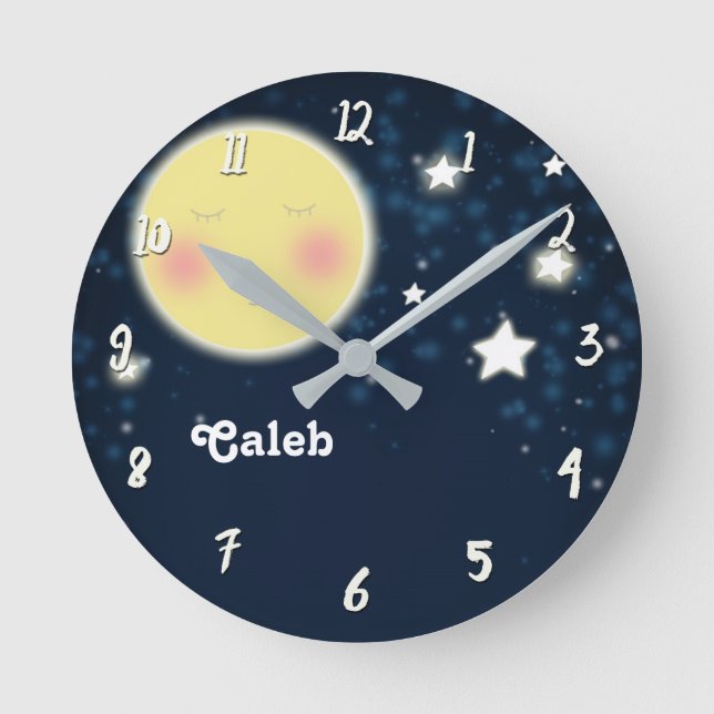 Celestial Glow Moon Nursery Room Personalized Name Round Clock (Front)