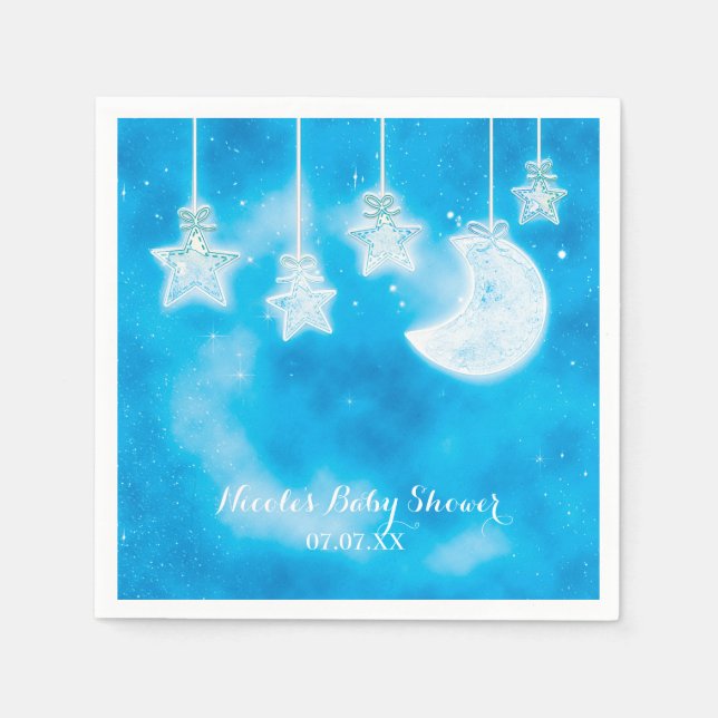 Celestial Glowing Stars & Moon Blue Sky Paper Napkins (Front)