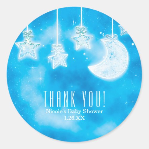 Celestial Glowing Stars  Moon Blue Sky Shower Classic Round Sticker